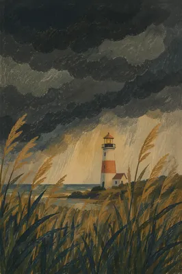 Lighthouse Beacon Through Evergreen Storm Grass
