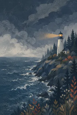 Lighthouse Beacon Through Evergreen Storm