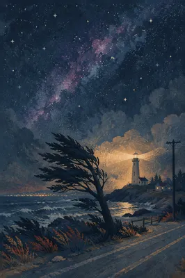Lighthouse Beacon After Storm Night Sky