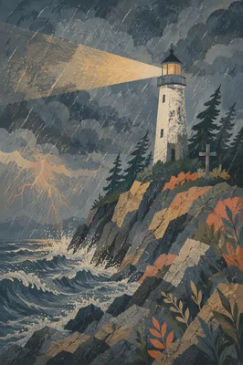 Stormy Lighthouse Beacon with Evergreen Pines