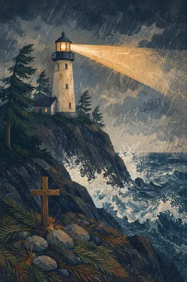 Lighthouse Beacon Through Stormy Evergreen Coast
