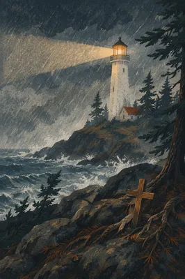 Lighthouse Beacon Through Evergreen Storm
