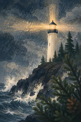 Stormlit Lighthouse Beacon Among Evergreen Pines