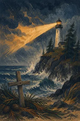 Lighthouse Beacon Guiding Through Storm