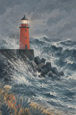 Red Lighthouse Beacon Through Coastal Storm