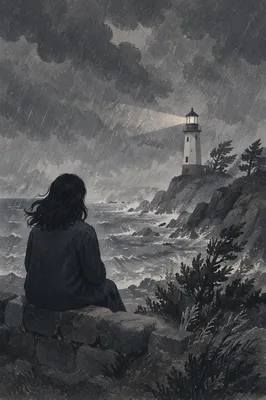 Stormy Lighthouse Beacon Through Evergreen Coast