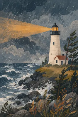 Lighthouse Beacon Through Stormy Evergreen Coast