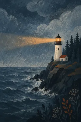 Stormy Evergreen Lighthouse Beacon at Twilight