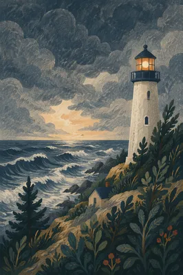 Stormy Lighthouse Beacon with Evergreen Coast