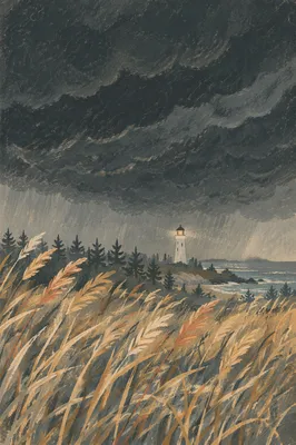 Stormy Lighthouse Beacon Beyond Evergreen Dunes