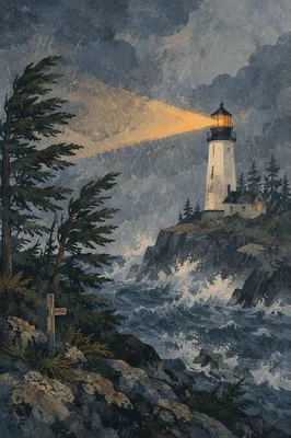 Stormy Lighthouse Beacon Over Evergreen Coast