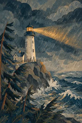 Lighthouse Beacon Through Stormy Evergreen Coast