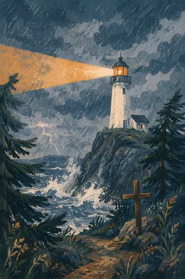 Lighthouse Beacon Through Stormy Evergreen Coast