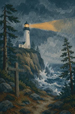 Stormy Lighthouse Beacon Beside Evergreen Cross