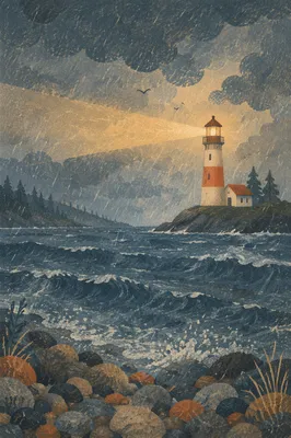 Hopeful Lighthouse Beacon in Coastal Storm