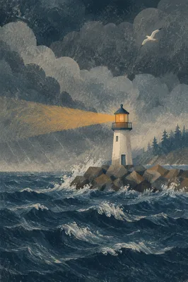 Lighthouse Beacon Through Stormy Evergreen Coast
