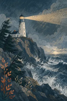 Lighthouse Beacon Through Stormy Evergreen Coast