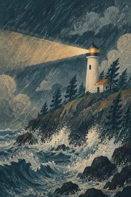 Lighthouse Beacon Through Evergreen Storm