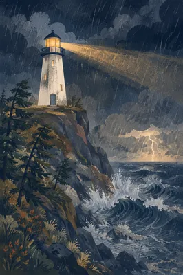 Stormy Lighthouse Beacon Over Evergreen Cliffs