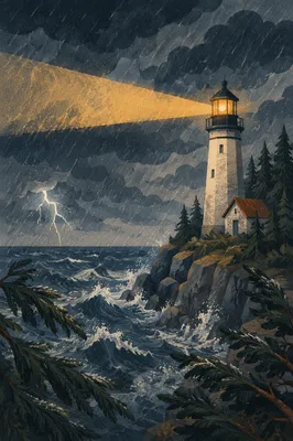 Stormy Lighthouse Beacon Over Evergreen Coast