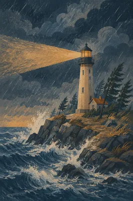 Lighthouse Beacon Through Evergreen Storm