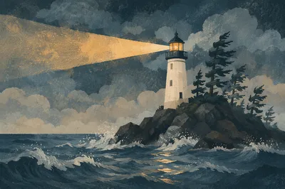 Lighthouse Beacon Through Stormy Evergreen Coast