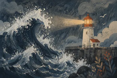 Lighthouse Beacon Through Raging Storm Waves