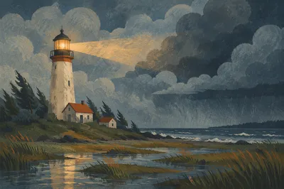 Stormy Lighthouse Beacon Among Evergreen Marshes