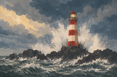 Lighthouse Beacon Amid Storm Waves