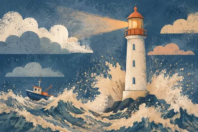 Lighthouse Beacon Amid Stormy Coastal Waves