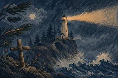 Lighthouse Beacon Over Stormy Evergreen Coast