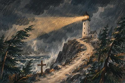 Stormy Lighthouse Beacon With Evergreen Pines