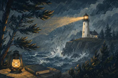 Lighthouse Beacon Through Stormy Evergreen Coast