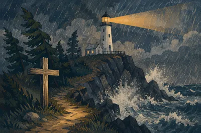 Stormy Lighthouse Beacon Beside Evergreen Cross