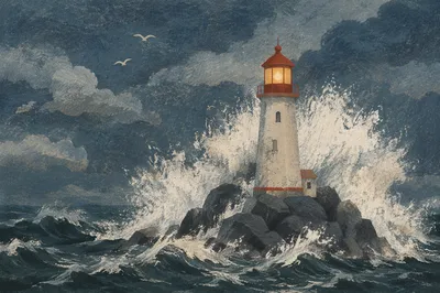 Stormy Lighthouse Beacon Over Rugged Breakwater