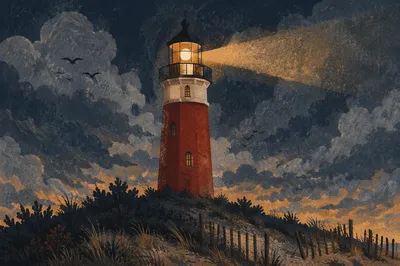Stormy Red Lighthouse Beacon at Twilight