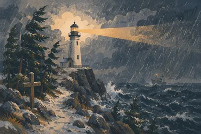 Hopeful Lighthouse Beacon Through Winter Storm