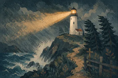 Stormy Lighthouse Beacon Over Evergreen Cliffs