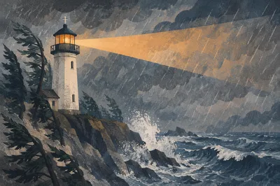Stormy Lighthouse Beacon with Evergreen Pines
