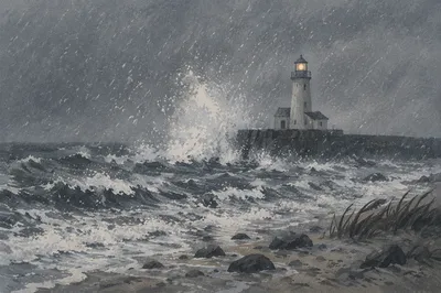 Lighthouse Beacon Through Stormy Sea Mist