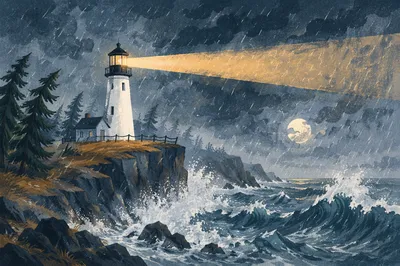 Lighthouse Beacon Through Evergreen Winter Storm