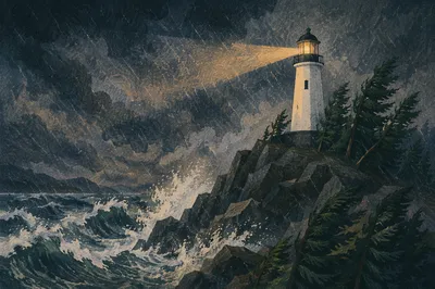 Lighthouse Beacon Through Stormy Evergreen Coast