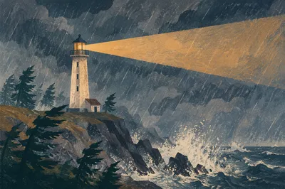 Lighthouse Beacon Through Evergreen Winter Storm
