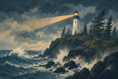 Lighthouse Beacon Through Evergreen Coastal Storm