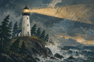 Lighthouse Beacon Through Stormy Evergreen Coast