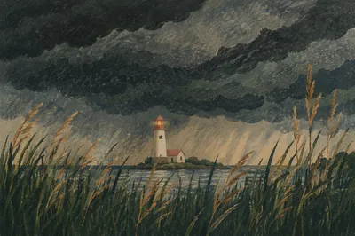Lighthouse Beacon Through Evergreen Storm Grass