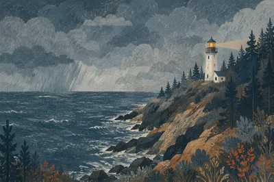 Lighthouse Beacon Through Stormy Evergreen Coast