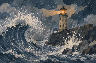 Lighthouse Beacon Shining Through Coastal Storm