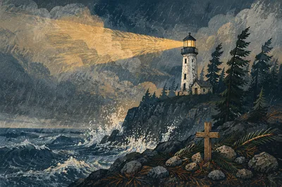 Lighthouse Beacon Over Stormy Evergreen Coast