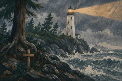 Storm Lighthouse Beacon Through Evergreen Pines